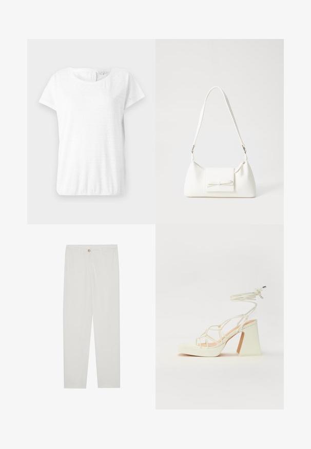Hvid bomulds T-shirt med korte ærmer, rund udskæring og øje-mønster med diamantformer. Blød tekstur og afslappet pasform.; Hvide, skrædderlavede bukser med lige ben design, udstyret med knaplukning, bæltesløjfer og sidelommer; glat stoftekstur.; Hvide højhælede sandaler med en kraftig hæl, der har et stropdesign og ankelbinding. Glat tekstur med en platform foran for ekstra højde.; Hvid syntetisk håndtaske med en trekantet form, flad forsideklap og sløjfedetalje, justerbar strop, glat tekstur og minimalistisk design.
