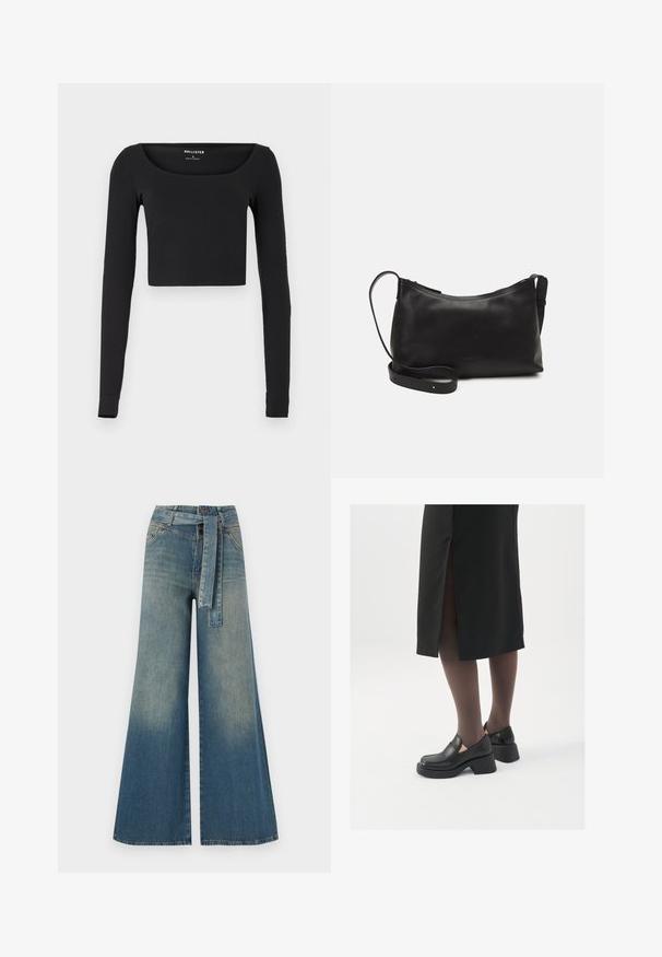 Black, long-sleeved crop top with a square neckline, made of stretchy fabric. Features a simple design with no visible patterns or accents.; Wide-leg denim trousers featuring a light to dark blue gradient, high waist, belt loops, and a matching fabric belt. Textured denim finish.; Black leather shoes with a rounded toe, thick block heel, and elastic side accents, paired with dark tights and a black skirt with a slit.; Black leather shoulder bag with a smooth texture, curved shape, adjustable strap, and a zip closure. Minimalist design without embellishments.