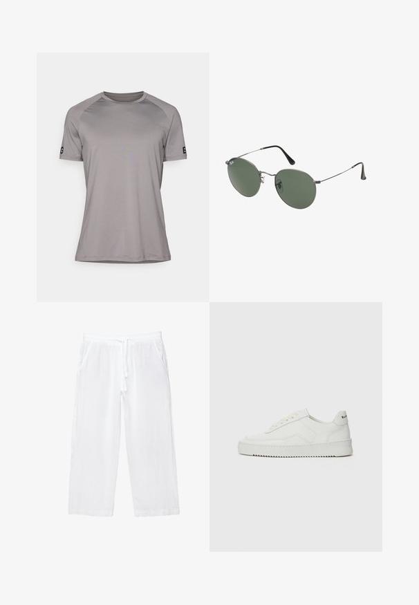Sivo kratkosleečno majico s krojnim izrezom, narejeno iz gladkega, lahkotnega materiala. Ima logotip na levem rokavu.; Beli laneni kratki hlače z elastičnim pasom, vrvico in dvema stranskima žepoma. Gladka tekstura in lahka zasnova za udobje.; Bela usnjena športna obutev z gladko površino, okroglo prst, ravne vezalke in teksturiran podplat. Ima diskretno logo na peti.; Sončna očala z ovalnimi zelenimi lečami v kovinskem okvirju. Tanjši srebrni kovinski okvir in črne ušesne konice. Minimalistična zasnova, brez vidnih logotipov.