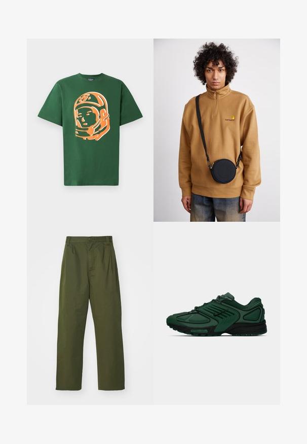 T-shirt de algodão verde com uma grande ilustração de um astronauta laranja na frente, com mangas curtas e um corte relaxado.; Calças verde oliva de cintura alta com um design de perna reta. Feitas de um tecido leve, com pregas frontais e fecho de botão.; Sapatilha de corrida Nike verde-escuro com detalhes em preto, parte superior em malha, atacadores e sola Nike Air de comprimento total sobre um fundo branco.; Sweatshirt de felpa castanho com zíper de um quarto e logótipo bordado, acompanhado de uma mala crossbody preta com fecho e detalhe do logótipo, vestida sobre uns jeans.