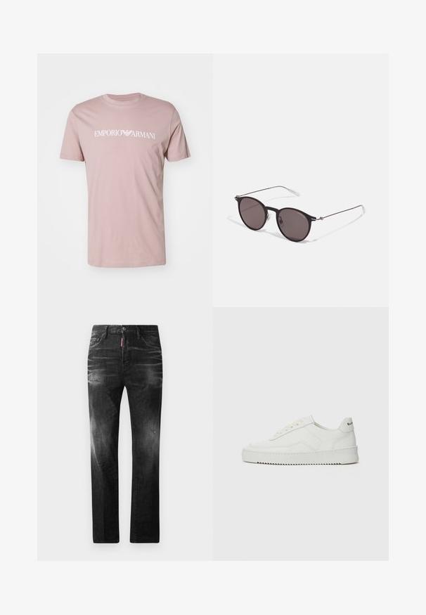 Emporio Armani T-shirt med print - nude; Svarta denimjeans med rak passform. Har blekta områden, mindre slitningar, klassisk femficksdesign och knäppning med knapp.; Vita lädersneakers med en jämn yta, rund tå, platta snörningar och en strukturerad sula. Har en diskret logotyp på hälen.; Svarta runda solglasögon med mörka linser och smala metallarmar. Inkluderar klara tempeltips och silverdetaljer vid gångjärnet. Minimalistisk design.