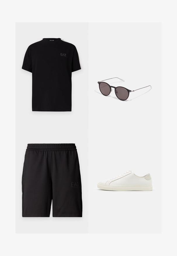 Camiseta negra de algodón con mangas cortas, con un pequeño logo EA7 en el pecho y franjas de color crema a lo largo de los hombros.; Pantalones cortos deportivos negros hechos de un tejido ligero, con una cinturilla elástica y paneles laterales de malla. Logo de la marca impreso en la parte delantera.; Zapatilla blanca de cuero con una superficie suave, punta redonda y diseño minimalista. Presenta acentos en beige en el talón y una suela de goma.; Gafas de sol redondas negras con lentes oscuros y brazos metálicos delgados. Incluye puntas de varilla transparentes y acentos plateados en la bisagra. Diseño minimalista.
