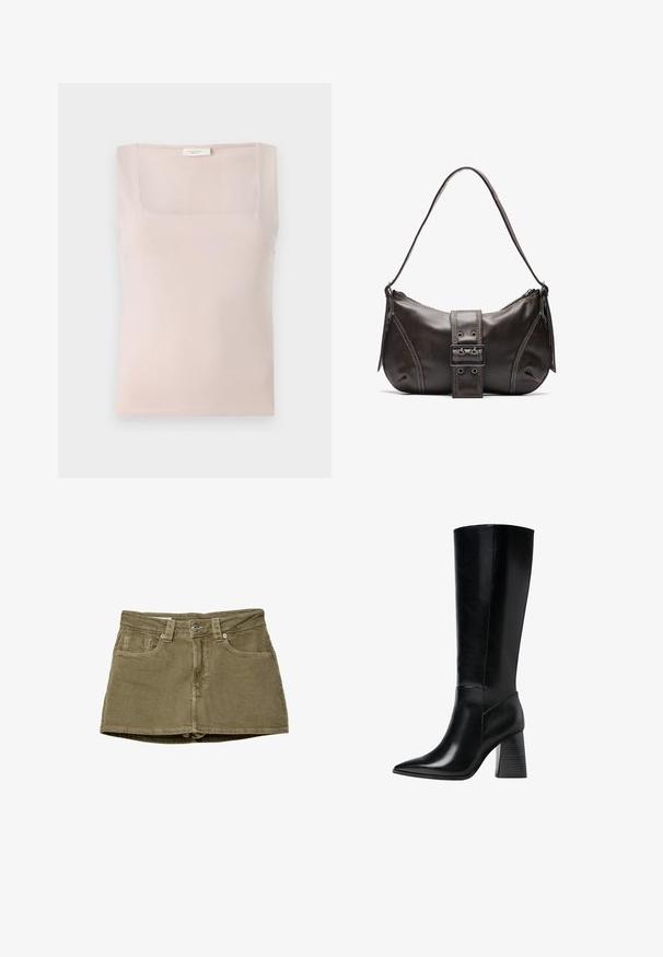 Top a canotta quadrata di colore rosa chiaro realizzato in tessuto morbido; design senza maniche con cuciture ordinate e una texture semplice.; Gonna mini in denim verde oliva con tasche frontali, taglio dritto e chiusura a bottone. Texture morbida con dettagli di cucitura visibili.; Stivali neri in pelle al ginocchio con punta affilata, texture liscia e tacco robusto scalanato per stabilità. Design elegante con accentuazioni minime.; Borsa a spalla in pelle marrone con una forma curvata, caratterizzata da un evidente dettaglio a fibbia, cuciture a contrasto e una sola tracolla.