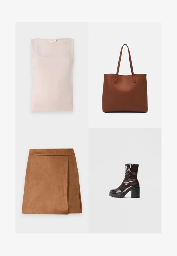 Top a canotta quadrata di colore rosa chiaro realizzato in tessuto morbido; design senza maniche con cuciture ordinate e una texture semplice.; Gonna mini in pelle scamosciata marrone con un design a portafoglio, caratterizzata da una texture liscia e una finitura pulita all'orlo. Nessun hardware o accenti visibili.; Stivale alla caviglia bordeaux lucido con un tacco spesso nero, caratterizzato da una superficie liscia e un design semplice. Nessuna chiusura visibile o motivo.; Borsa tote in pelle marrone con texture liscia, design con apertura superiore e due spallacci. Presenta cuciture minime e nessun hardware visibile.
