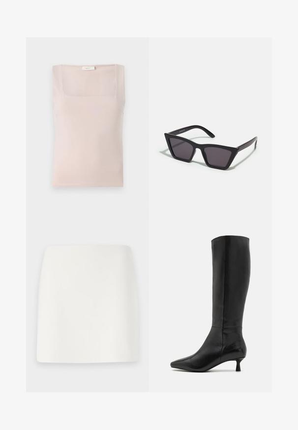 Light pink square-neck tank top made of soft fabric; sleeveless design with neat stitching and a plain texture.; White, fitted mini skirt with a smooth texture and clean lines. No visible patterns or hardware. Straight hem at the bottom.; Zign Boots - black; Black, angular sunglasses with gray lenses; made of plastic, featuring thick arms with a smooth surface and no visible hardware.