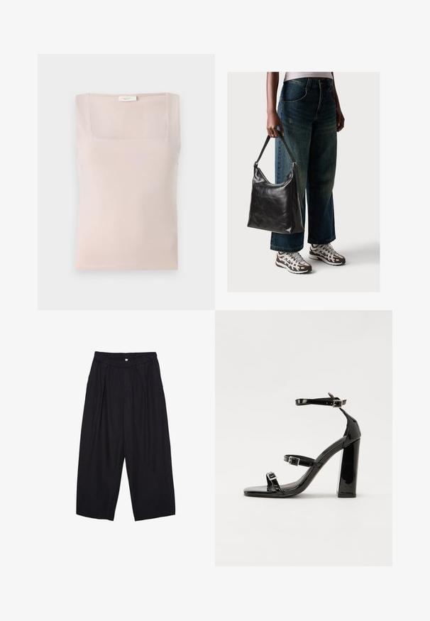 Svetlo roza majica bez rukavov s kvadratnim izrezom, narejena iz mehkega materiala; brezrokavni dizajn z urejenim šivom in enostavno teksturo.; Črne poliesterske culotte hlače z elastičnim pasom, dvema sprednjima nabiranjema in ohlapnim krojem. Brez vidnih vzorcev ali kovinskih detajlov.; Črne lakirane sandale s peto, kvadratnim prstom, trakovi okrog gležnja in srebrnimi zaponkami. Opremljene so s stabilno Debelo peto.; Črna usnjena torba za ramo z gladko teksturo in nastavljivim trakom, v kombinaciji z zbledelimi širokimi hlačami in športnimi supergami.