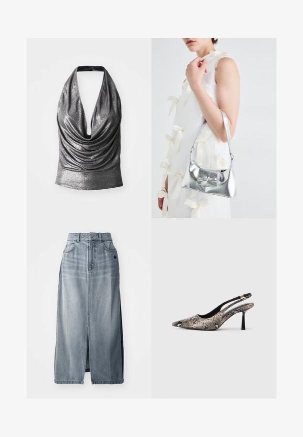 Metallic silver halter top with deep V-neck and draped front. Smooth texture with gathered design detail at the waist.; Denim skirt in light blue with a front slit, two pockets, and logo detail. Features a high waist and straight design, made of durable fabric.; Pointed-toe slingback shoes made of textured snake print material, featuring a slender black heel and a cutout design on the sides.; Silver metallic handbag with a structured shape, featuring a top handle and bow detail on the front. Smooth texture, reflective finish.