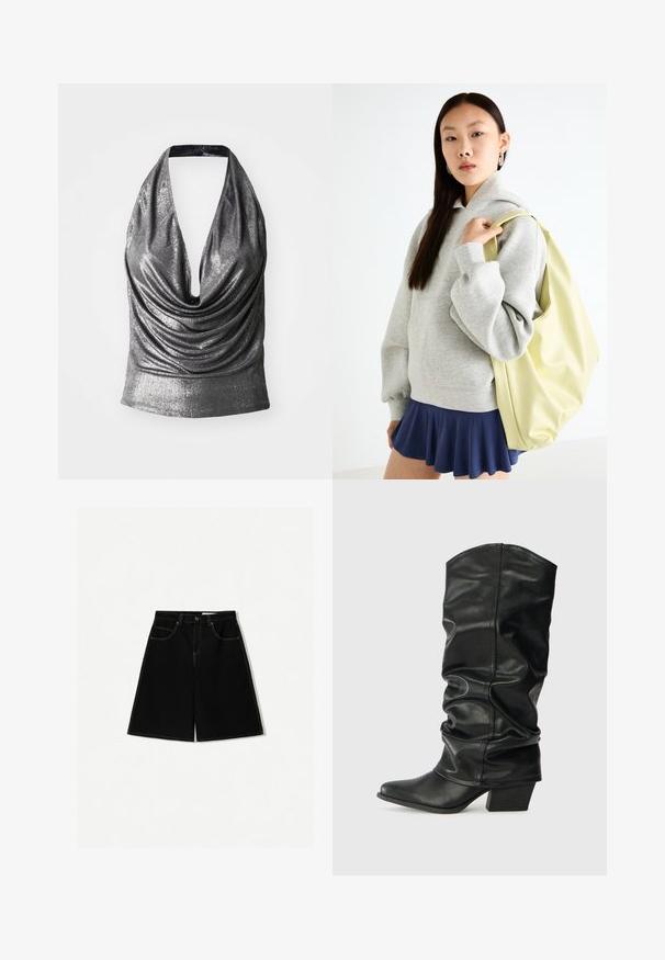 Metalna srebrna halter bluzica s dubokim V-izrezom i drapiranim prednjim dijelom. Glatka tekstura s naboranim detaljem na struku.; Crne traper kratke hlače s slobodnim krojem, koje imaju pet džepova, žute šavove i dizajn struka srednje visine.; Crne kožne čizme do koljena s opuštenim dizajnom, šiljastim vrhom i debelim potplatom, s glatkom teksturom i minimalnim šavovima.; Sivi oversized dukserica s kapuljačom i kengur džepom, u kombinaciji s mornarsko plavom suknjom šireg kroja. Dodatak: velika svijetlo žuta torba, glatke teksture.