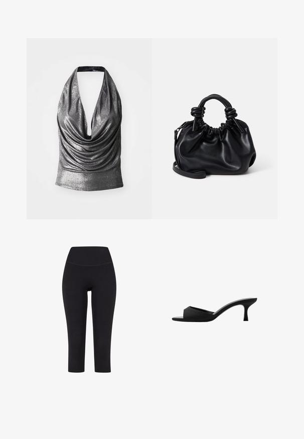 Top halter metálico plateado con escote en V profundo y frente drapeado. Textura suave con detalle de diseño fruncido en la cintura.; Leggings negros de tres cuartos hechos de tela elástica, con una cintura alta y sin patrones ni herrajes visibles.; Mules de tacón negro con una punta ancha y abierta y un empeine curvado. Fabricados en tejido texturizado, cuentan con un tacón delgado y una suela lisa.; Bolso de cuero negro con un diseño fruncido, asas redondeadas cortas y una correa de hombro desmontable. Textura suave con una silueta blanda.