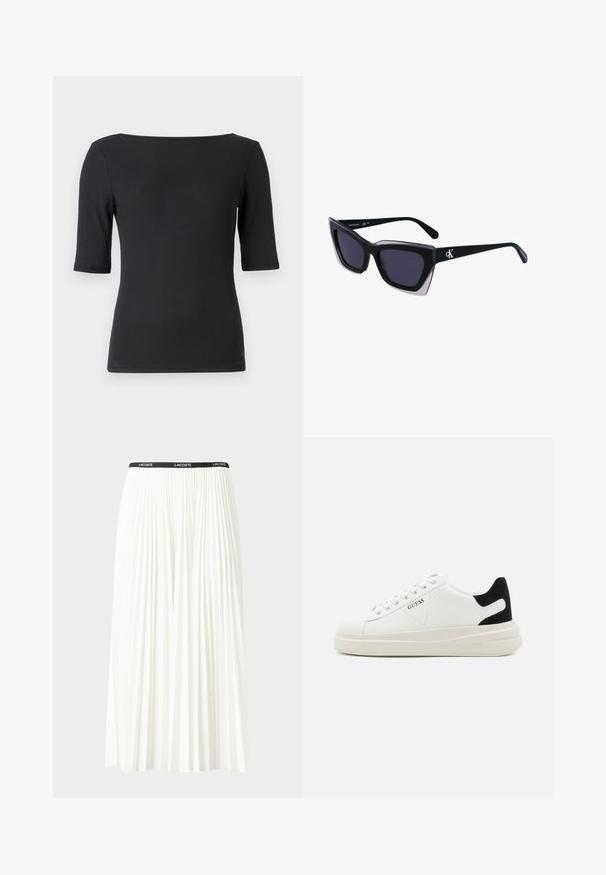 Calvin Klein SCOOP BACK - Βασικό μπλουζάκι - black; Κοντή πλισέ λευκή φούστα με μαύρη ελαστική ζώνη που φέρει το λογότυπο "LACOSTE". Σχεδίαση μεσαίου μήκους με μαλακή υφή.; Λευκά δερμάτινα αθλητικά παπούτσια με χοντρή λευκή σόλα, μαύρη σουέτ λεπτομέρεια στην φτέρνα και ανάγλυφο λογότυπο στο πλάι. Σχέδιο με κορδόνια και έξι θηλιές.; Μαύρα υπερμεγέθη γυαλιά ηλίου με γεωμετρικό σχήμα, διαθέτοντας σκούρους φακούς και αντίθεση γκρίζα λεπτομέρεια στη σκελετό. Λογότυπο στον βραχίονα.