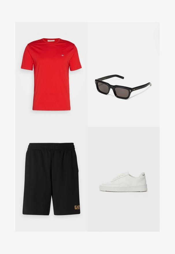 Red cotton t-shirt with a crew neckline, short sleeves, and a small blue logo accent on the left chest. Smooth texture, casual style.; Black athletic shorts made of soft fabric,Featuring an elastic waistband and a small yellow EA7 logo on the lower left leg.; White leather sneaker with a smooth finish, round toe, flat laces, and a textured sole. Features a subtle logo on the heel.; Black rectangular sunglasses with dark lenses, thick plastic frame, gold accents on temples, and brand logo engraved on the arm.