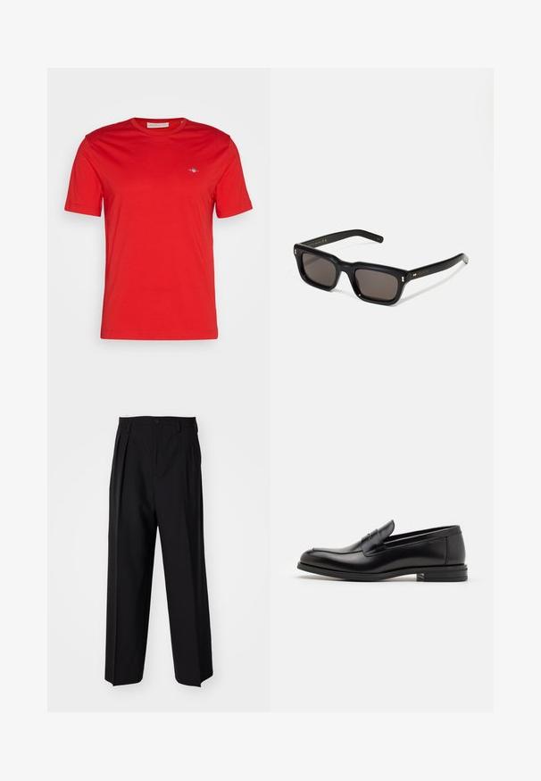 Röd bomull T-shirt med rund halsringning, korta ärmar och en liten blå logotypaccent på vänster bröst. Slät textur, avslappnad stil.; Svarta plisserade byxor med en rak, bred bendesign. Tillverkade av ett slätt tyg, med knäppning fram och bälteshällor.; Svarta läderloafers med en slät yta, rund tå och ett dekorativt band över främre delen. Låg staplad klack, minimalistisk design.; Svarta rektangulära solglasögon med mörka linser, tjock plastbåge, guldfinish på skalmarna och varumärkeslogotyp graverad på armen.