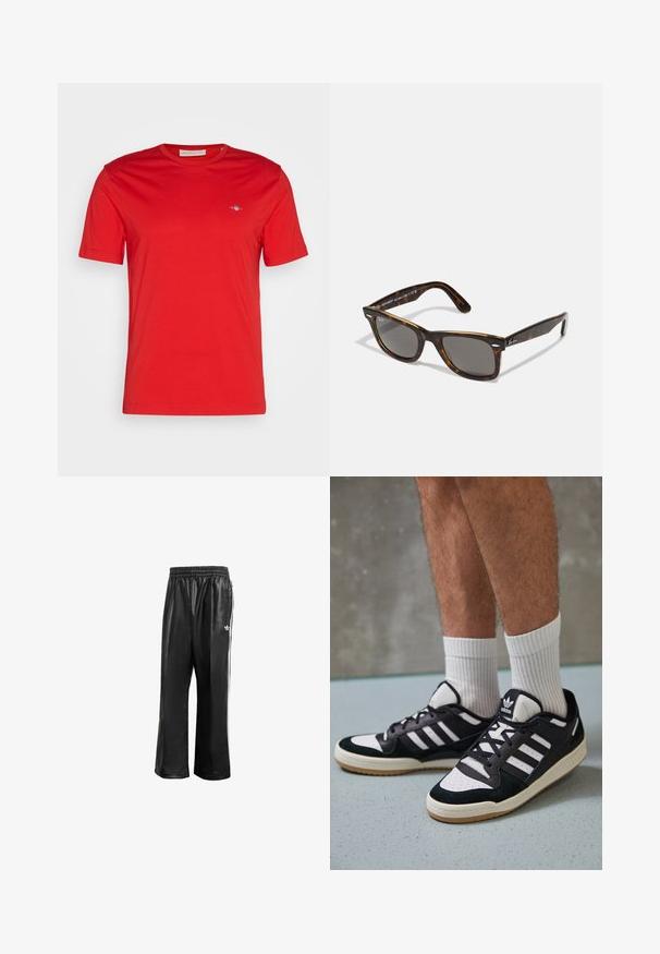 Punane puuvillane T-särk, millel on ümar kaelus, lühikesed varrukad ja väike sinine logo vasakul rinnal. Sile tekstuur, juhuslik stiil.; Mustad sünteetilised spordipüksid mustas värvuses, elastse vöökohaga, valgete külgmiste triipudega ja vasakul puusal väikese valge logoga.; Mustvalged ja valged spordijalatsid, mille pealmine osa on valmistatud suede'ist ja nahast. Kingadel on kolm valget riba, auguline varvas ja kummist tald.; Kilpkonnakujulised prillid hallide objektiivide ja ruudukujulise raamiga, millel on metallaktsendid templitel ja logo kujunduses.