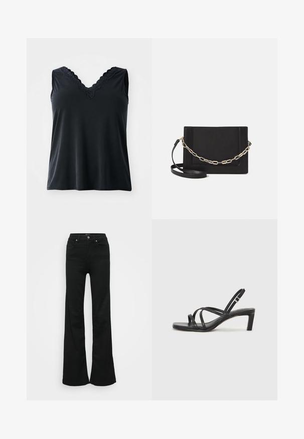 Black sleeveless top with a V-neck featuring lace trim. Smooth texture, relaxed fit, and no visible patterns or hardware.; Black flared jeans made from denim, featuring a high waist, five pockets, and metal button closure. Smooth texture with minimal detailing.; Black strappy sandal with a square toe and a low block heel. Features multiple thin straps and an adjustable ankle strap. Made of smooth leather.; Black leather crossbody bag featuring a smooth texture, rectangular shape, and a metallic chain detail on the front. Adjustable strap included.; Silver double-band ring with a smooth, polished surface. Features a fluid, curved design with overlapping sections for a modern look.