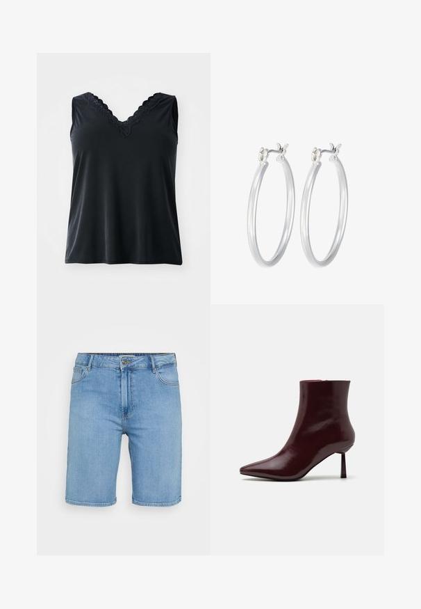 Black sleeveless top with a V-neck featuring lace trim. Smooth texture, relaxed fit, and no visible patterns or hardware.; Light blue denim shorts with a classic cut, featuring a front button closure, belt loops, and two side pockets. Smooth texture and straight hem.; Burgundy patent leather ankle boot with a pointed toe and a slim stiletto heel, featuring a smooth, glossy texture and minimalistic design.; Silver hoop earrings with a smooth, polished finish. Round shape and secure click-top closure. Lightweight design suitable for everyday wear.