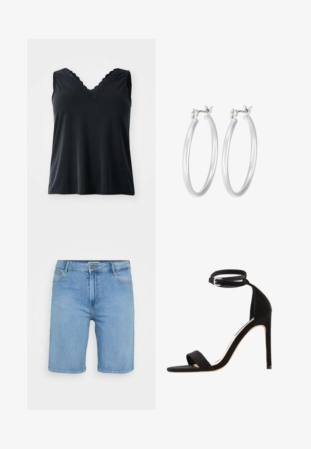 Mustatus varrukatuks, millel on V-kaelus ja pitsi ääred. Sile tekstuur, lõdva sobivusega ja ilma nähtavate mustrite või detailideta.; Heledad sinine teksade lühikesed püksid klassikalise lõikega, millel on ees nööp sulgemine, vöökonksud ja kaks külge taskut. Silusd tekstuur ja sirge äär.; Mustad nahast kõrged kontsad, millel on lihtne rihma disain, avatud varvas ja pahkluu rihm, millel on hõbedane pannal.; Hõbedased rõngaskõrvarõngad, millel on sile, läikiv viimistlus. Ümmargune kuju ja turvaline klõpsulatus. Kerge disain, sobib igapäevaseks kandmiseks.