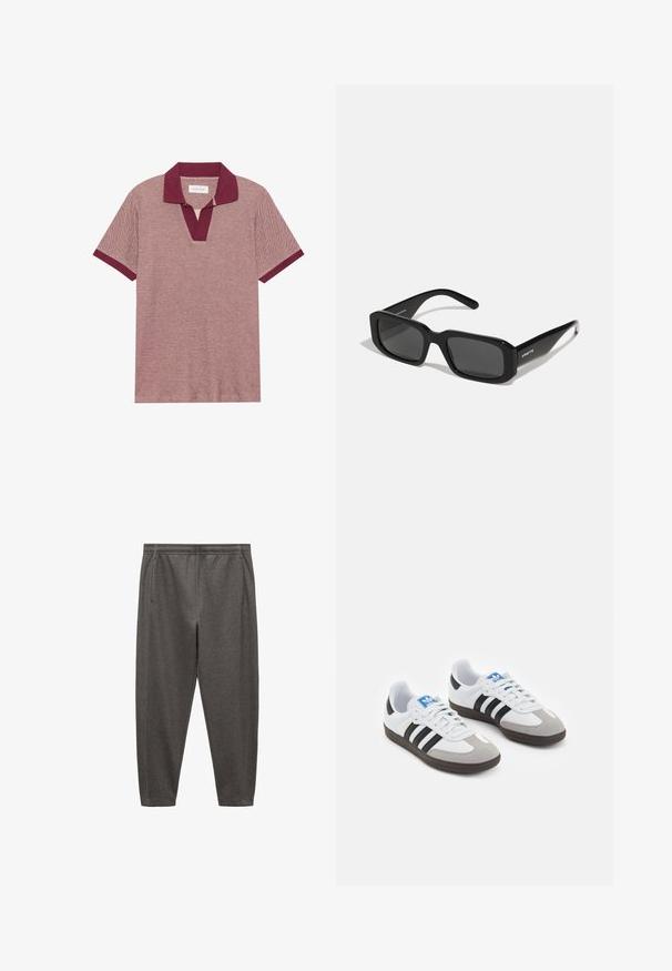Sati lyhythihainen polo-paita viininpunaisessa ja vaaleanpunaisessa tekstuurissa, syvällä v-pääkkeellä ja kontrastoivilla viininpunaisilla kaula-aukolla ja hihoilla.; Harmaat jogger-housut pehmeästä kankaasta, joissa on joustava vyötärö, sivutaskut ja kapeneva lahkeiden muotoilu.; Urheilukengät, joissa on valkoinen nahkainen päällinen, harmaa mokkanokka ja kolme mustaa raitaa. Ominaisuuksina sininen logo kielekkeessä ja kuvioitu kumipohja.; Arnette THEKIDD UNISEX - Aurinkolasit - black