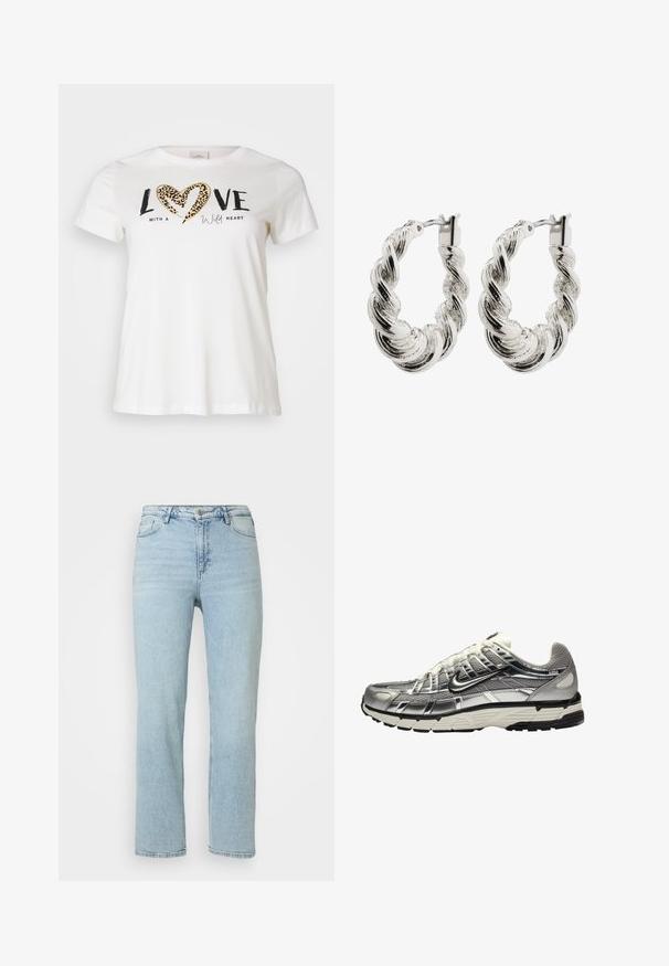 Bijela majica kratkih rukava s okruglim izrezom, na kojoj se nalazi natpis "LOVE" u crnoj boji i srce s leopard-printom, s dodatnim tekstom "with a wild heart" u kurzivu.; Svijetloplavi traperice ravnog kroja s prednjim gumbom i zatvaračem, petljama za pojas i klasičnim dizajnom s pet džepova.; Srebrno-crna atletska cipela s gornjim dijelom od mrežice i sintetičkog materijala, voluminoznog dizajna i teksturirane završne obrade. Ima podstavljen ovratnik i gumu potplat.; Uvrnute srebrne okrugle naušnice s sjajnom završnom obradom, sa pletenom teksturom i sigurnim zatvaranjem.