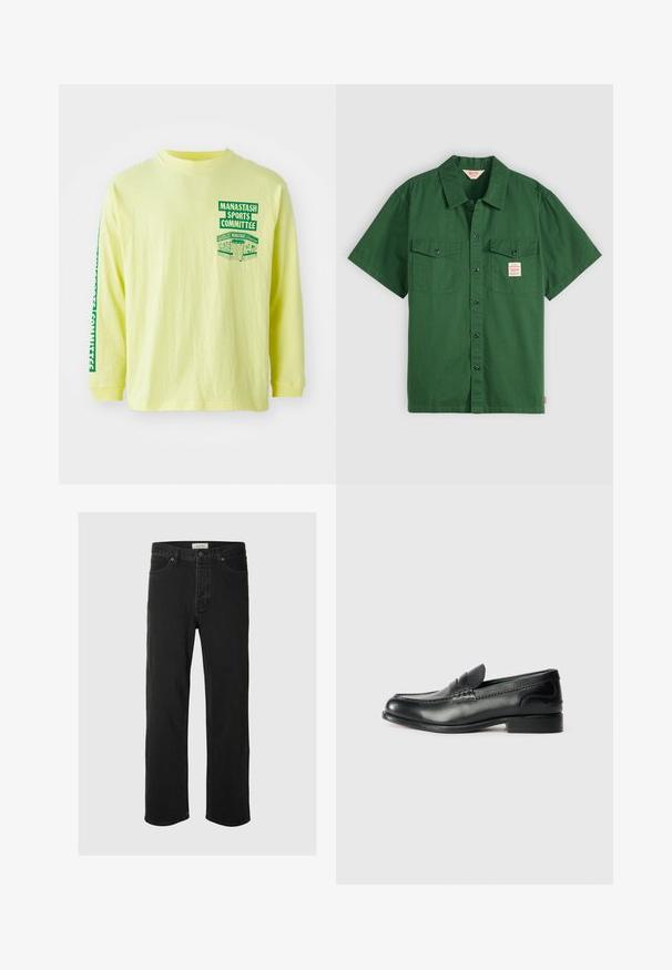 Geltona ilgomis rankovėmis medvilninė marškinė su žalia grafika ant krūtinės ir rankovės, kurioje rašoma "MANASTASH SPORTS COMMITTEE". Apvalus kaklas.; Žalia medvilnė trumpomis rankovėmis marškiniai su saga priekyje, dviem krūtinės kišenėmis ir mažu ženkleliu kairėje kišenėje. Lygūs, be raštų.; Juodos džinsinės tiesaus silueto kelnės turi klasiką penkių kišenių dizainą su mygtukų uždarymu, minimaliais siūlais ir minkšta tekstūra.; Juodos odinės loafer tipo bateliai su lygiu paviršiumi, siuvinėjimu per priekį ir šiek tiek pakelta pakulne.