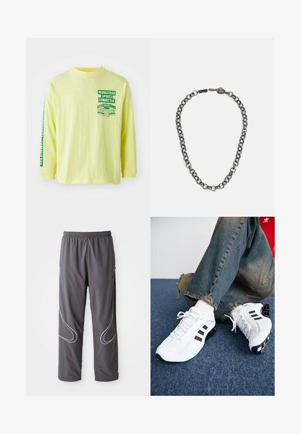 Chemise à manches longues jaune en coton avec un imprimé graphique vert sur la poitrine et la manche portant l'inscription "COMITÉ DES SPORTS MANASTASH." Col rond.; Pantalons de sport gris pour homme avec une taille élastique, des poches zippées et des accents réfléchissants blancs sur les côtés. Texture légère et lisse.; Baskets de sport blanches en maille avec des accents noirs, présentant un design texturé et une semelle distinctive, assorties à un jean en denim bleu.; Collier en métal avec des maillons allongés dans une couleur gunmetal foncé. Comprend un accent géométrique et un fermoir avec des détails de marque.