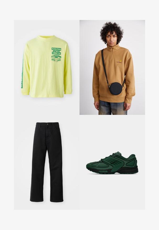 Gelbes Langarmhemd aus Baumwolle mit grünem Grafikdruck auf der Brust und dem Ärmel, der "MANASTASH SPORTS COMMITTEE" liest. Rundhalsausschnitt.; Schwarze Jeans mit geradem Schnitt, ausgestattet mit Fronttaschen, einem Reißverschluss und einem einzelnen oberen Knopf. Texturiert mit matter Oberfläche.; Dunkelgrüner Nike-Laufschuh mit schwarzen Akzenten, Mesh-Obermaterial, Schnürsenkeln und durchgehender Nike Air-Sohle auf einem weißen Hintergrund.; Braunes Fleece-Sweatshirt mit Viertelreißverschluss und gesticktem Logo, kombiniert mit einer schwarzen runden Umhängetasche mit Reißverschluss und Logodetails, getragen über einer Jeans.