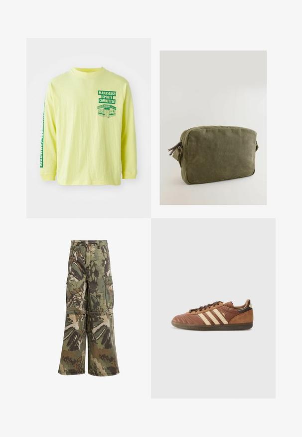 Žlutá dlouhá košile s rukávy z bavlny s zeleným grafickým potiskem na hrudi a rukávu s nápisem "MANASTASH SPORTS COMMITTEE." Kulatý výstřih.; Maskáčové cargo kalhoty s širokým střihem, vyrobené z odolné látky v zelených, hnědých a béžových odstínech, obsahující cargo kapsy a zapínání na knoflík.; adidas Originals SAMBA UNISEX - Tenisky - preloved brown/sand strata/dark brown; Olivově zelená plátěná taška obdélníkového tvaru, se zipovým uzávěrem a koženými detaily na táhlu zipu.