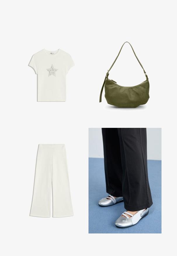Witte katoenen t-shirt met een centraal sterontwerp van strasstenen, korte mouwen en een ronde hals. Zachte textuur, casual pasvorm.; Witte wijde broek gemaakt van gladde stof. Ze hebben een hoge taille en geen zichtbare naden, wat zorgt voor een strakke silhouet.; Zilveren en witte platte schoenen met kruislingse banden en textuurdetails, aangevuld met losse zwarte broeken. Geplaatst tegen een blauwe vloer.; Olijfgroene leren schoudertas met een gebogen vorm, ritssluiting en verstelbare schouderband. Vriendelijke textuur met minimale hardware-accenten.