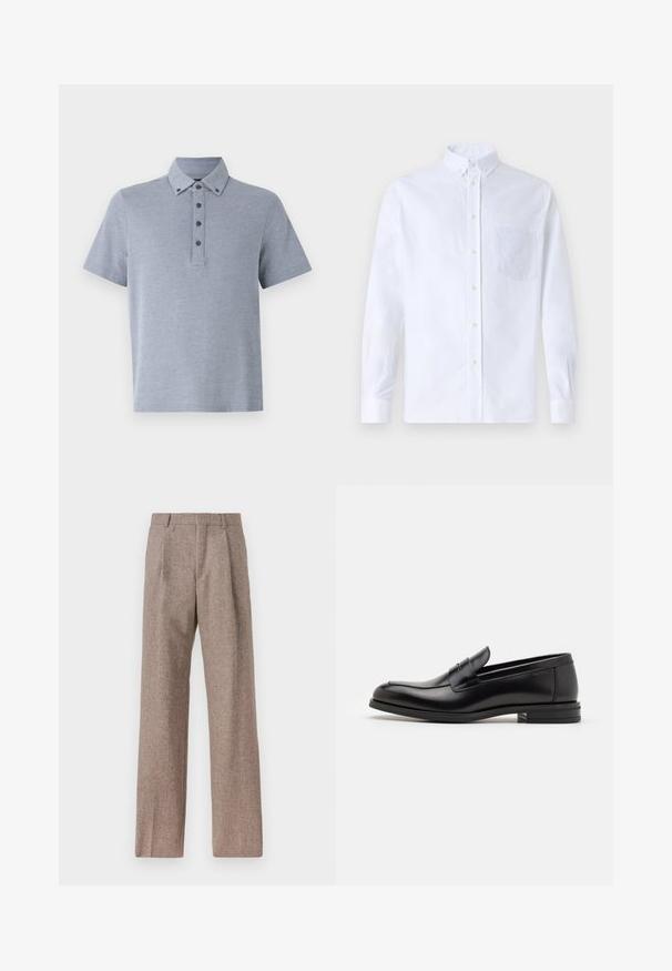 Tricou polo scurt cu mânecă, de culoare gri deschis, dotat cu un guler la gât și o deschidere cu butoane, realizat dintr-un material moale și texturat.; Cămașă albă cu mânecă lungă, din bumbac, prevăzută cu un buzunar pe piept cu broderie tonală, guler și manșete cu buton.; Pantaloni bej, cu talie înaltă, dintr-un material texturat. Prezintă picioare late și două pliseuri frontale pentru structură. Finisaj îngrijit, fără accesorii vizibile.; Mocasini din piele neagră cu o textură netedă, vârf rotund și o curea decorativă peste partea superioară. Toc mic, design minimalist.