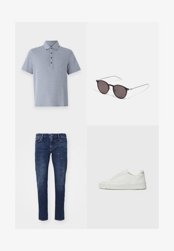 Lys grå kortermet polo-skjorte med knappestolpe, krage og en myk, teksturert overflate.; Mørkeblå denimjeans med smal passform, som har malingsplatter, synlige sømmer og standard fem-lomme design. Rett benkutt.; Hvite lærersneakers med en jevn overflate, rund tå, flate lisser og en teksturert såle. Har en subtil logo på hælen.; Sorte, runde solbriller med mørke linser og slanke metalarmer. Inkluderer klare temple tips og sølvfargede detaljer ved hengslet. Minimalistisk design.