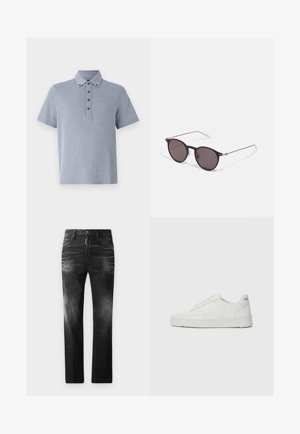 Lys grå kortærmet polo shirt med en knappet placket, krave og en blød, tekstureret stoffinish.; Sorte denim jeans med lige pasform. Har falmede områder, mindre slid, klassisk fem-lommer design og knaplukning.; Hvide lædersneakers med en glat overflade, rund tå, flade snørebånd og en tekstureret sål. Har et diskret logo på hælen.; Sorte runde solbriller med mørke linser og slanke metalarme. Inkluderer klare tempeltips og sølvdetaljer ved hængslet. Minimalistisk design.