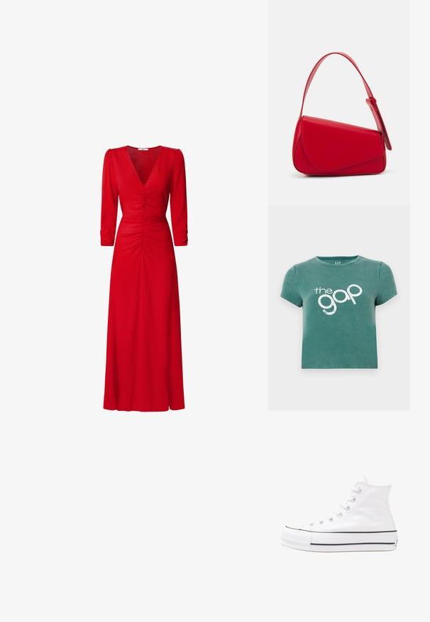 Zelené tričko s krátkým rukávem vyrobené z bavlny, na přední straně s bílým potiskem loga "the gap". Zkrácený střih s kulatým výstřihem.; Červené šaty s výstřihem do V, tříčtvrtečními rukávy a nařasením v pase a na zádech. Látka vypadá hladce a lehce.; Bílé vysoké plátěné tenisky s černou gumovou podrážkou, přední gumovou špičkou a šesti očky na tkaničky, se čistým, minimalistickým designem.; Červená kožená kabelka s ostrým, geometrickým designem. Má jeden nastavitelný popruh a klopu s prošívanými detaily.