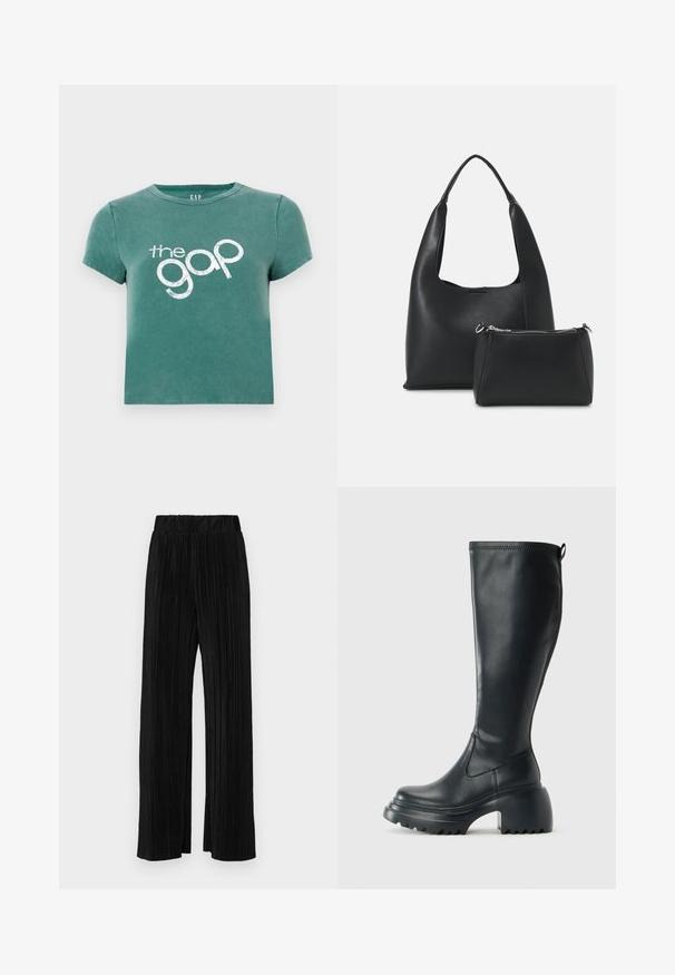 Grünes T-Shirt mit kurzen Ärmeln aus Baumwolle, vorne mit dem weißen Aufdruck "the gap". Gekürztes Design mit rundem Halsausschnitt.; Schwarze plissierte Hose mit elastischem Bund. Verfügt über weite Hosenbeine und einen glatten, strukturierten Stoff mit vertikalen Streifen.; Hoher schwarzer Lederstiefel mit einer robusten Plateausohle und Blockabsatz, der über eine Zuglasche und ein strukturiertes Profil an der Außensohle verfügt.; Even&Odd Handtasche - black