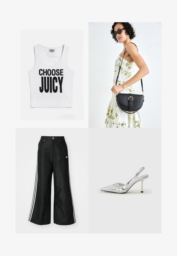 Fehér, ujjatlan crop top, amelynek elülső részén merész fekete betűkkel olvasható a "VÁLASZD A DUSNKAT" felirat. Puha, rugalmas anyagból készült, kerek nyakkivágással.; Fekete, bő szárú farmernadrág, mindkét oldalon három fehér csík díszítéssel és egy kis fehér logóval. Elölzsebekkel és gombos záródással rendelkezik.; Ezüst slingback magas sarkú cipő hegyes orral, fémszerű felülettel, két dekoratív pánttal és vékony sarkú, fekete végű dizájnnal.; Fekete bőrtáska ívelt formával, levehető pánttal és arany színű fémrészekkel. A táskán egy csattal díszített fedél található.