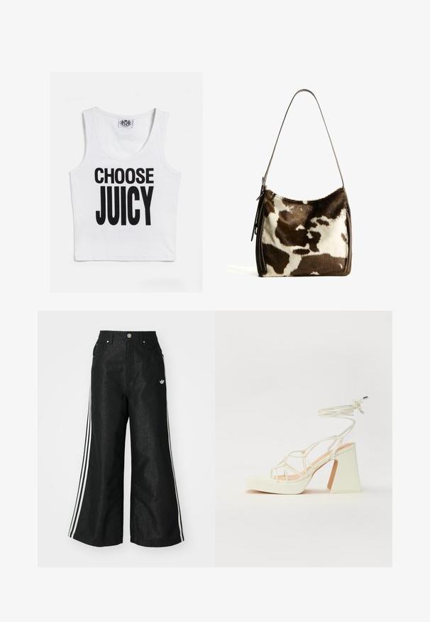 Top corto bianco senza maniche con bold testo nero che recita "SCEGLI SUCCULENTO." Realizzato in un tessuto morbido e elastico con scollatura rotonda.; Pantaloni in denim neri a gamba larga con tre strisce bianche su ciascun lato e un piccolo logo bianco. Presentano tasche frontali e chiusura con bottone.; Sandalo bianco con tacco alto, caratterizzato da un design a cinturini e un legaccio alla caviglia. Texture liscia con una piattaforma frontale per un'altezza aggiuntiva.; Borsa a spalla in pelle bovina marrone e crema con tracolla in pelle liscia, chiusura con zip e superficie morbida e testurizzata con un motivo naturale.