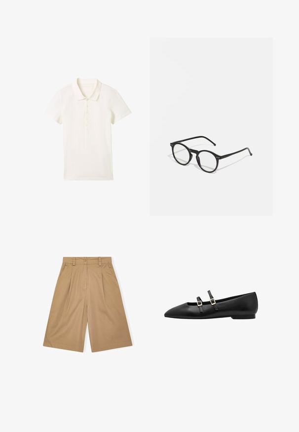 TOM TAILOR Poloshirt - whisper white; Beige Baumwollshorts mit lockerer Passform, ausgestattet mit Falten, Knopfverschluss und Seitentaschen. Sanfte Textur und knielanges Design.; Schwarze Lederflachschuhe mit spitzem Zeh, ausgestattet mit zwei schwarzen Riemen und goldenen quadratischen Schnallen. Glatte Textur und flache Sohle.; Runde schwarze Sonnenbrillen mit klaren Gläsern, dünnen schwarzen Bügeln und kleinen metallischen Akzenten an der Front. Klassisches Design mit minimalistischem Stil.