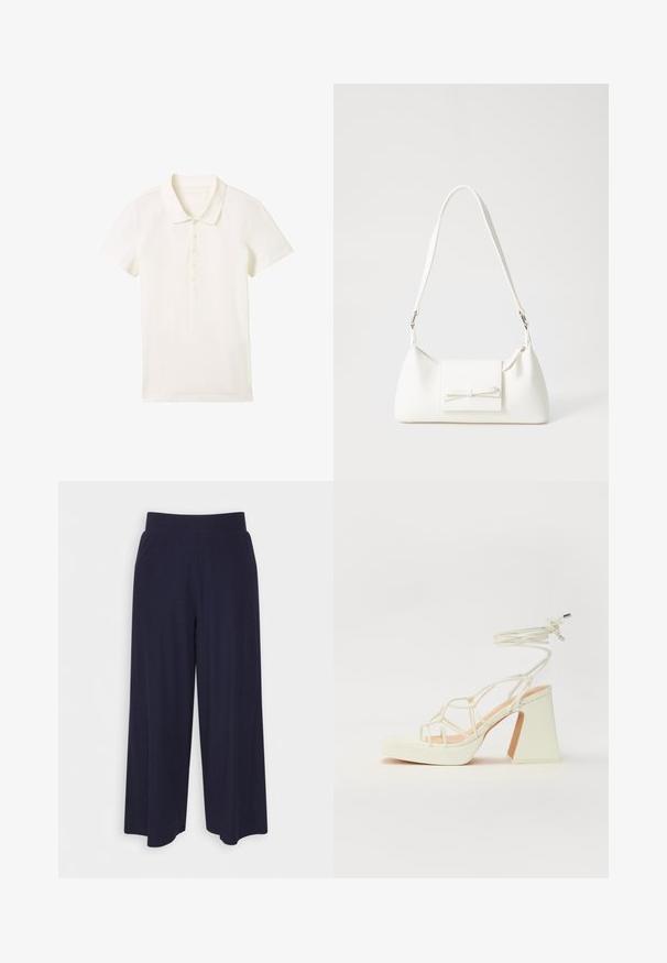 TOM TAILOR Poloshirt - whisper white; Wijd-uitlopende broek in donkerblauwe stof met een geribbeld patroon. Heeft een gladde tailleband en een vloeiende silhouet, die tot halverwege de kuiten reikt.; Witte hoge hakken sandaal met een chunky hak, met een bandjesontwerp en enkelband. Gladde textuur met een plateau voor extra hoogte.; Witte synthetische handtas met een driehoekige vorm, platte voorklep en strikdetail, verstelbare schouderriem, gladde textuur en minimalistisch ontwerp.
