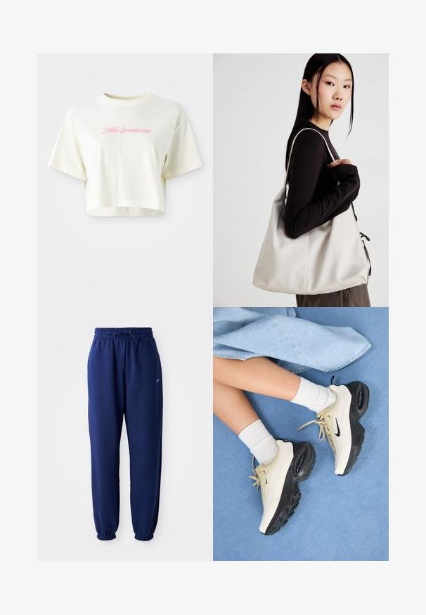 Camiseta cortada de color crema hecha de algodón. Presenta un logo bordado en rosa que dice "Nike Sportwear". Mangas cortas y un escote redondo.; Pantalones de chándal azul marino hechos de una tela suave, que cuentan con una cintura elástica con cordón, puños elásticos y un pequeño logo blanco.; Las zapatillas Nike Air Max presentan un diseño en beige y negro, con una parte superior suave, amortiguación de aire visible y suelas de goma planas.; Bolso de mano beige hecho de material suave, con un diseño holgado, detalles cosidos y dos asas. Adecuado para uso diario.