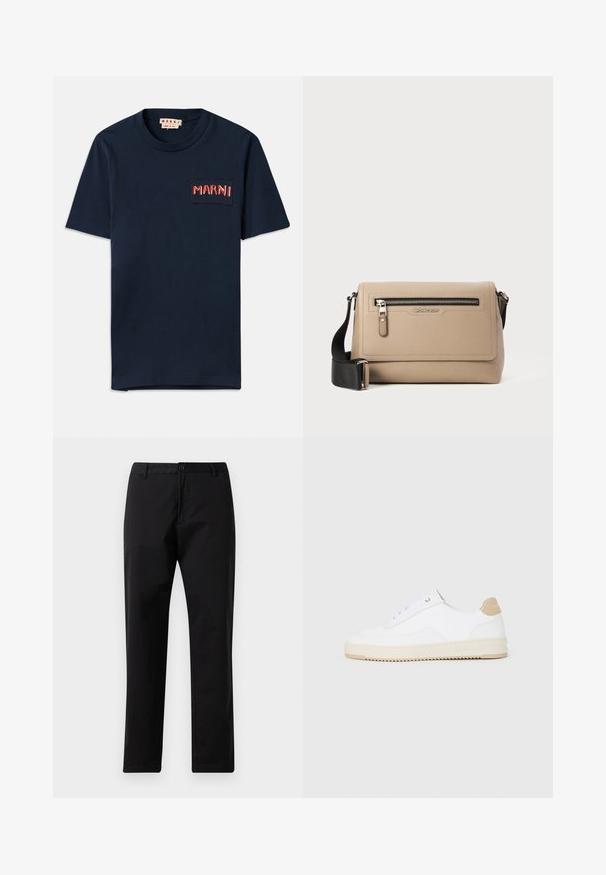 Mornarsko modra bombažna majica s kratkimi rokavi, ki vključuje pravokotno žep z kontrastnim rdečim vezenjem "MARNI" in našitki.; Črne trdne hlače z ravnimi nogami, z gumbom in zadrgo, z luknjami za pas in sprednjimi žepi, prikazane na belem ozadju.; Bele nizke superge z zgornjim delom iz teksturirane usnjene površine, smetano obrobljenim podplatom in svetlo rjavo akcentom na peti. Imajo bele vezalke in podrobnost z logotipom na peti.; Bežna usnjena torba čez ramo z teksturirano površino, ki vključuje sprednji žep na zadrgo in nastavljiv črn trak. Logotip je prikazan spredaj.