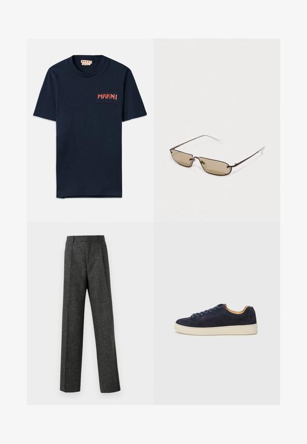 T-paita, jossa on lyhyet hihat, tummansinisestä puuvillasta, ja jossa on suorakulmainen tasku, jossa on kontrastiväriset punaiset "MARNI"-kirjontaa ja ommeltuja yksityiskohtia.; Harmaat räätälöidyt housut, jotka on valmistettu teksturoidusta kankaasta, ja niissä on kaksi etutaskua ja suora lahjemuoto. Ei näkyviä taskuja tai koristeluja.; Keinonsin nahka matala tennari pyöreällä varpaalla, vaaleanbeige kumipohja ja yhteensopivat nauhat; ominaisuuksiin kuuluu kontrastoiva vaaleanruskea sisävuori.; Ruske metalliset suorakulmaiset aurinkolasit ruskeilla tummennetuilla linsseillä ja ohuilla, kirkkailla templeillä, joissa on minimalistinen muotoilu ja hillitty brändäys.