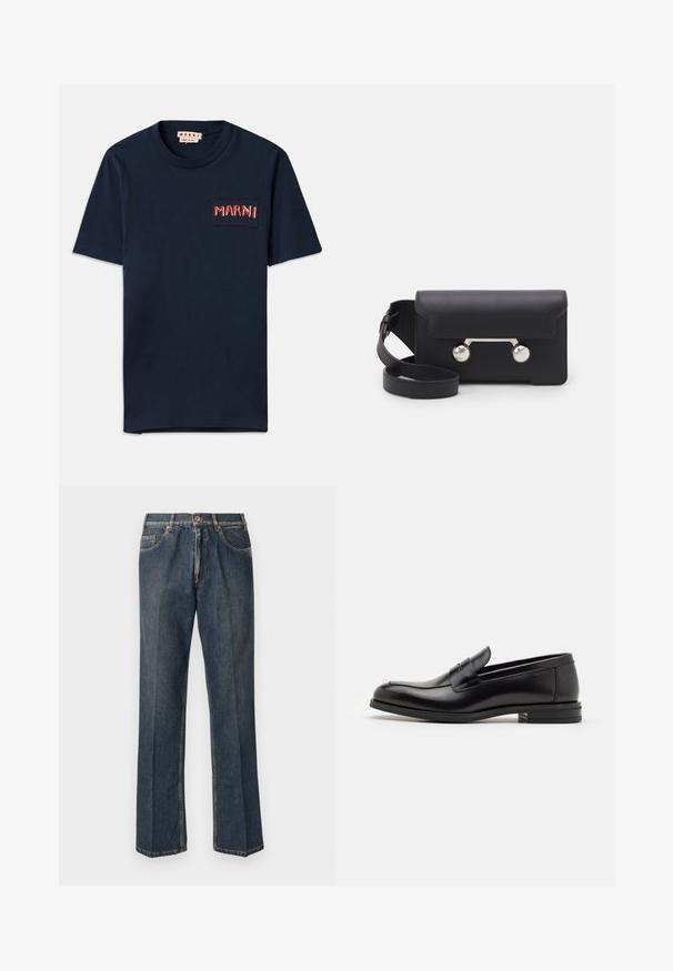 Navy blue cotton short-sleeve t-shirt featuring a rectangular pocket with contrasting red "MARNI" embroidery and stitched accents.; Dark blue straight-leg denim jeans with front button, zip fly, double front pockets, and visible vertical creases down the legs.; Black leather loafers with a smooth texture, rounded toe, and a decorative strap across the vamp. Low stacked heel, minimalist design.; Black leather crossbody bag with a flap closure, silver-tone hardware, and two round accents. Features a detachable strap. Smooth texture.