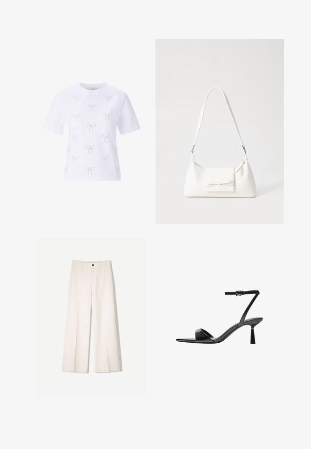 White cotton t-shirt featuring a repeated pattern of small embroidered bows in a light color. Short sleeves and a round neckline.; Cream wide-leg trousers with a tailored design, featuring two front pockets and a single front button closure, made from smooth fabric.; Bershka High heeled sandals - black; White synthetic handbag with a triangular shape, flat front flap and bow detail, adjustable strap, smooth texture, and minimalistic design.