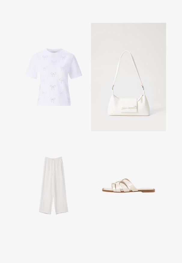 Bílý bavlněný tričko s opakovaným vzorem malých vyšívaných mašlí ve světlé barvě. Krátké rukávy a kulatý výstřih.; Bílé široké kalhoty vyrobené z lehké tkaniny. Mají elastický pas se šňůrkou a boční kapsy. Hladká textura.; Ploché sandály s hnědou gumovou podrážkou, navržené se třemi překrývajícími se bílými koženými řemínky a malým mašlí uprostřed.; Bílá syntetická kabelka v trojúhelníkovém tvaru, s plochým předním klopným víkem a detailem mašle, nastavitelným popruhem, hladkým povrchem a minimalistickým designem.