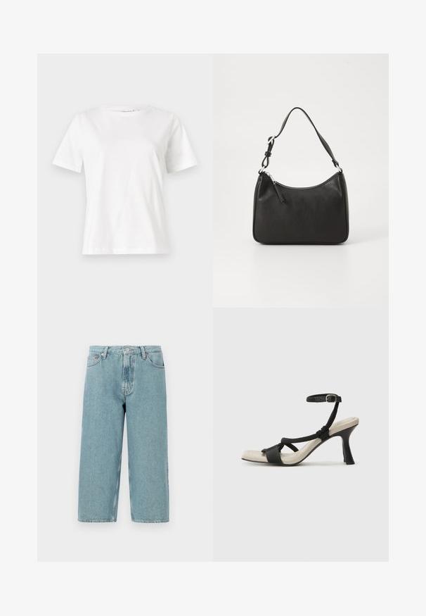 Baltas kokvilnas T-krekls ar īsām piedurknēm, apaļu kakla izgriezumu un brīvu piegriezumu. Gluda tekstūra, bez rakstiem vai akcentiem, minimālistisks dizains.; Gai zila džinsu šorti ar augstu jostasvietu, taisnu griezumu un neapstrādātu apakšējo malu. Ietver klasisku pogu un rāvējslēdzēja aizdari, četras kabatas.; Melnas augstpapēžu sānijas ar pinuma siksnu dizainu, kvadrātveida purngali un regulējamu potītes siksnu. Gaismas beidzamais kāju paklājiņš ar spīdīgu melnu papēdi.; Melnas ādas rokassomu ar izliekta formu, vienu siksnu, ar rāvējslēdzēju aizdari un diskrētu zīmolu uz priekšpuses. Gluda tekstūra, minimālisma dizains.