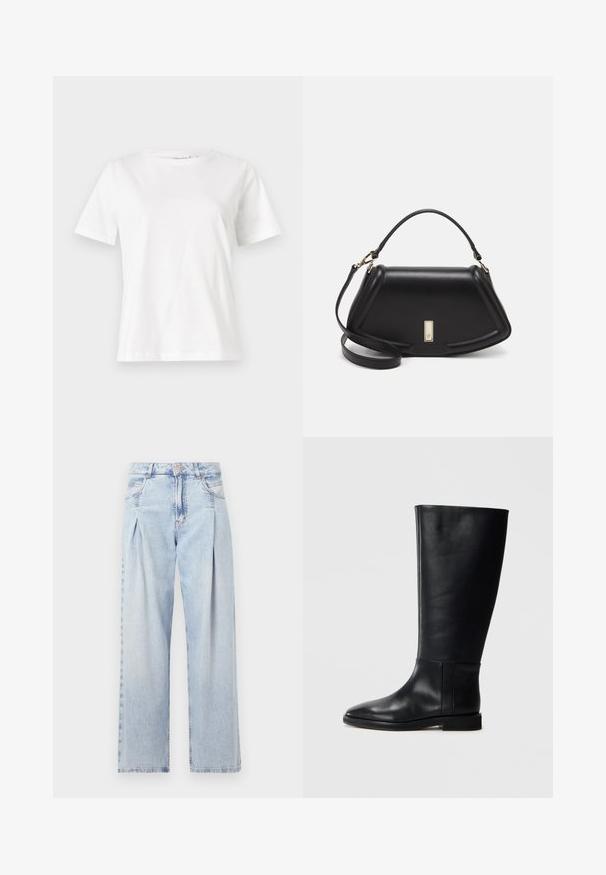 Tricou alb din bumbac cu mâneci scurte, guler rotund și o croială relaxată. Textură netedă, fără imprimeuri sau accente, design minimalist.; Jeans din denim albastru deschis cu talie înaltă, croială evazată, două buzunare laterale și un design pliat. Textură moale cu un finisaj decolorat.; Cizmă neagră din piele până la genunchi, cu vârf rotund, textură netedă, design minimalist și talpă plată. Detalii simple de cusătură pe tijă.; Geantă de umăr din piele neagră, cu un design structurat, având o formă tăiată, mânere superioare și accente din aur. Include o curea de umăr ajustabilă.