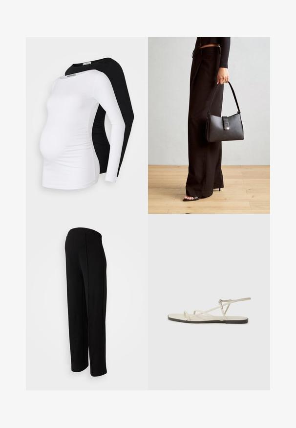 Twee lange mouwen zwangerschapsblouses, één in het wit en één in het zwart, met zachte stof, een aangesloten ontwerp en geplooide details aan de zijkanten.; Zwarte, high-waisted broek met een rechte fit, gekenmerkt door een gladde textuur en zonder zichtbare sluitingen, benadrukt door detailering in de zijnaad.; Beige platte sandaal met meerdere slanke bandjes en een verstelbare gesp. De zool is plat met een lichte donkere contrastering aan de rand.; Zwarte handtas met gestructureerde vorm, gladde textuur en een metalen sluiting. Gecombineerd met brede zwarte broeken en sandalen met open teen op een houten vloer.