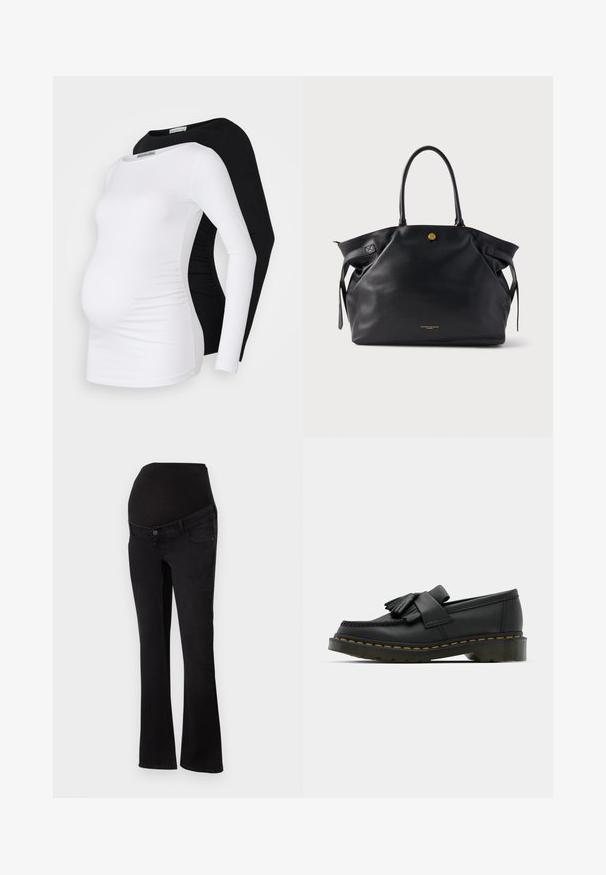 Két hosszú ujjú kismama felső, egy fehér és egy fekete, puha anyagból készült, testhezálló fazonnal és redőzéssel az oldalakon.; Fekete farmer anyanadrág, rugalmas, a pocak felett viselhető derékkal, pedig csípőn és combon szoros, a szár végén pedig szélesedik.; Fekete bőr loaferek, lekerekített orral, frufru részlettel és díszes pánttal az elején, vastag sarokra szerelve.; Fekete bőr tote táska texturált felülettel, arany színű fémrészekkel és két lekerekített fogantyúval. Biztonságos záródással és letisztult márkajelzéssel rendelkezik.