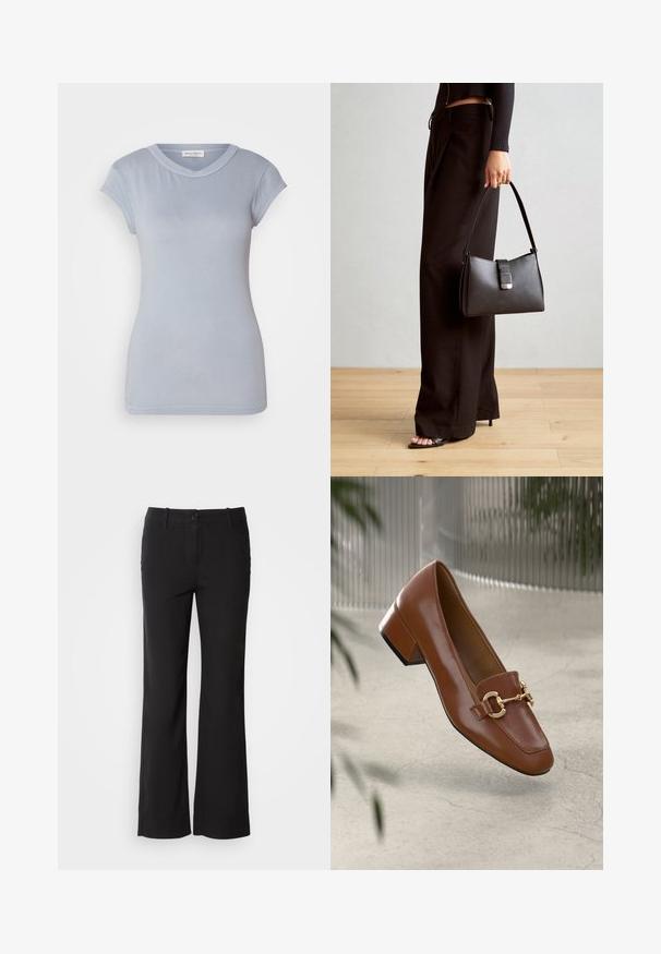 Világoskék, rövid ujjú póló kerek nyakkivágással és testhezálló fazonnal, sima anyagból készült. Tiszta dizájn és diszkrét varrás jellemzi.; Fekete pamut keverék nadrág egyenes szárú dizájnnal, elülső gombos záródással és két oldalsó zsebbel. Simára kialakított textúra, nincs látható minta.; Barna lakkbőr loaferek négyzet alakú orral, fém lánc díszítéssel és alacsony blokk sarkú kialakítással; sima textúra, minimalista design.; Fekete kézi táska strukturált formával, sima textúrával és fémből készült záródással. Széles fekete nadrággal és nyitott orrú szandállal párosítva, fából készült padlón.