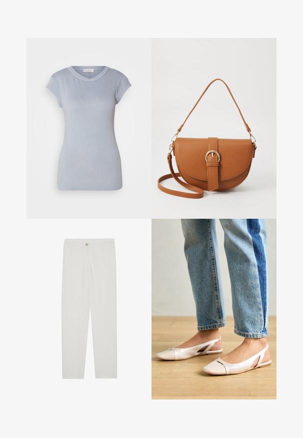 Light blue short-sleeve T-shirt with a round neckline and fitted shape, made of smooth fabric. Features a clean design and subtle stitching.; White, tailored trousers with a straight leg design, featuring a button closure, belt loops, and side pockets; smooth fabric texture.; Pale pink slingback flats with a pointed toe, made from a smooth leather-like material. Features cut-out details at the sides and a flat heel.; Brown leather crossbody bag with a curved shape, gold hardware, and a buckle accent. Features a detachable shoulder strap.