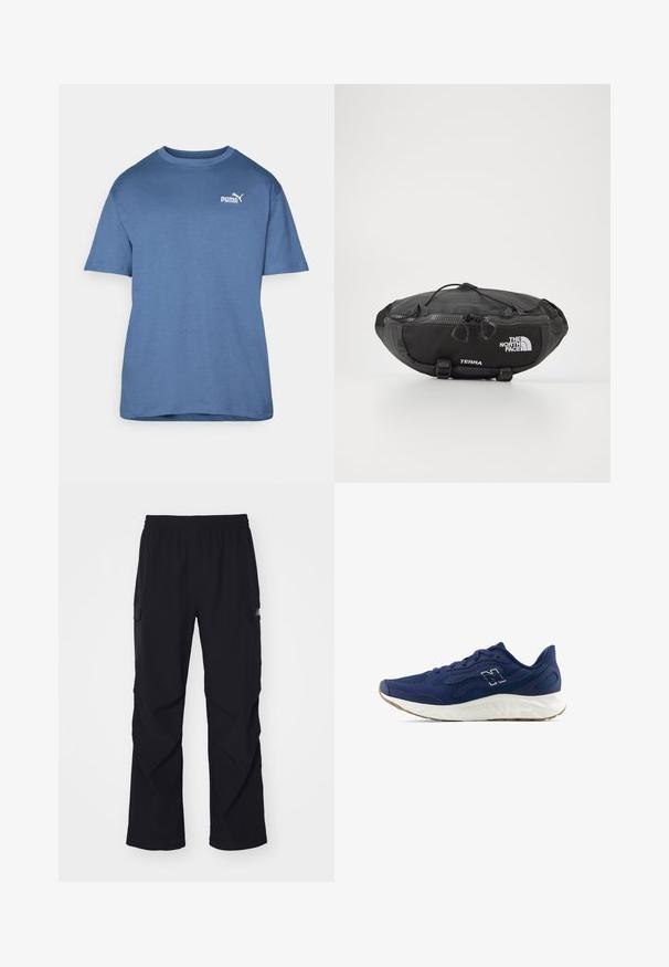 Blue cotton t-shirt with short sleeves, crew neck, and a white Puma logo on the left chest. Simple design, smooth texture.; Black cargo pants made of lightweight material, featuring an elastic waistband, side pockets, and a straight leg design.; Navy running shoe with textured mesh upper, white midsole, and light brown outsole. Features a minimal design and discreet logo detail.; The North Face TERRA LUMBAR 3L UNISEX - Bum bag - asphalt grey/black