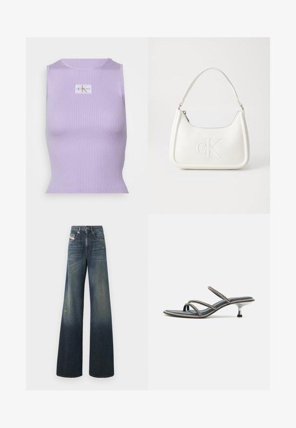 Purple ribbed tank top with a round neckline and Calvin Klein Jeans logo patch. Made from stretchy fabric for a fitted look.; Wide-leg denim jeans in dark blue with a faded finish, featuring a distressed knee and a classic five-pocket design with a label.; Denim sandal with three thin straps adorned with rhinestones, pointed toe, and a metallic, stiletto-style heel. Non-slip base.; White leather handbag with a curved shape, featuring an embossed "CK" logo on the front and a single shoulder strap. Zipper closure at top.